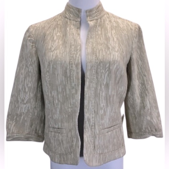 Coldwater Creek Jacquard Jacket Size 14 Ivory Tan Mandarin Collar Open Front - Picture 1 of 12